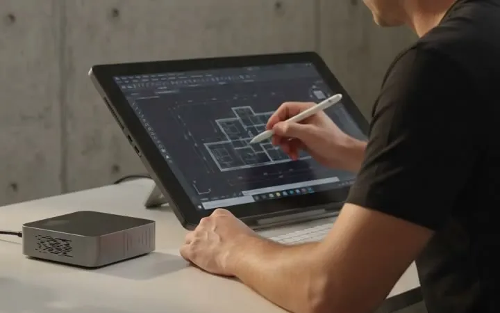 An architect drawing on a tablet, the Baadal device on the desk beside him