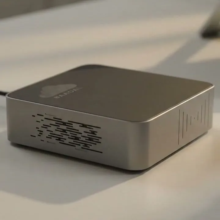 The silver Baadal device on an office desk