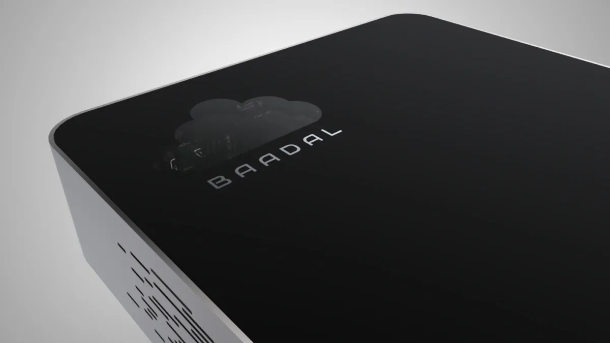 Close-up of the Baadal cloud mark on the device's matte black top