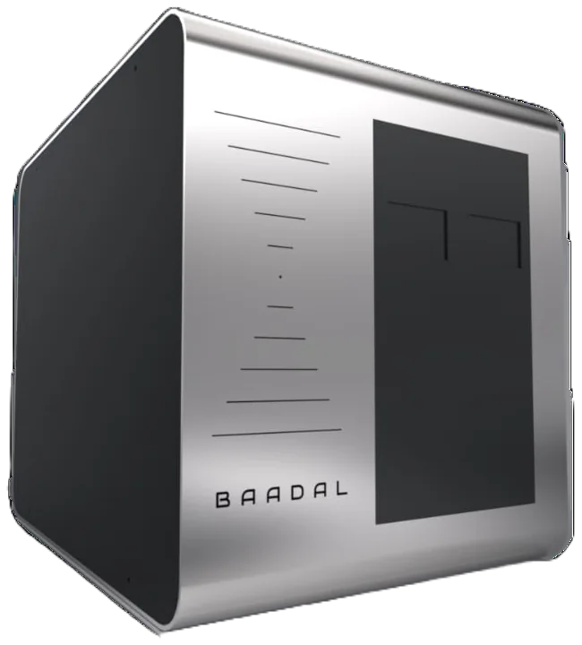 The Baadal 2-bay HDD: a silver cube with black sides and a black front panel