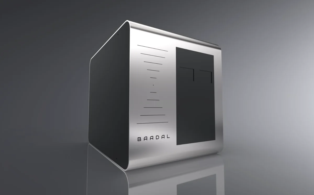 The Baadal 2-bay HDD: a brushed silver cube with black sides, the Baadal name and a black front panel