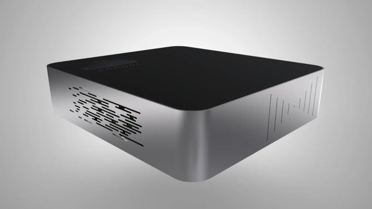 The Baadal 2-bay SSD from the front corner: a low silver box with a matte black lid